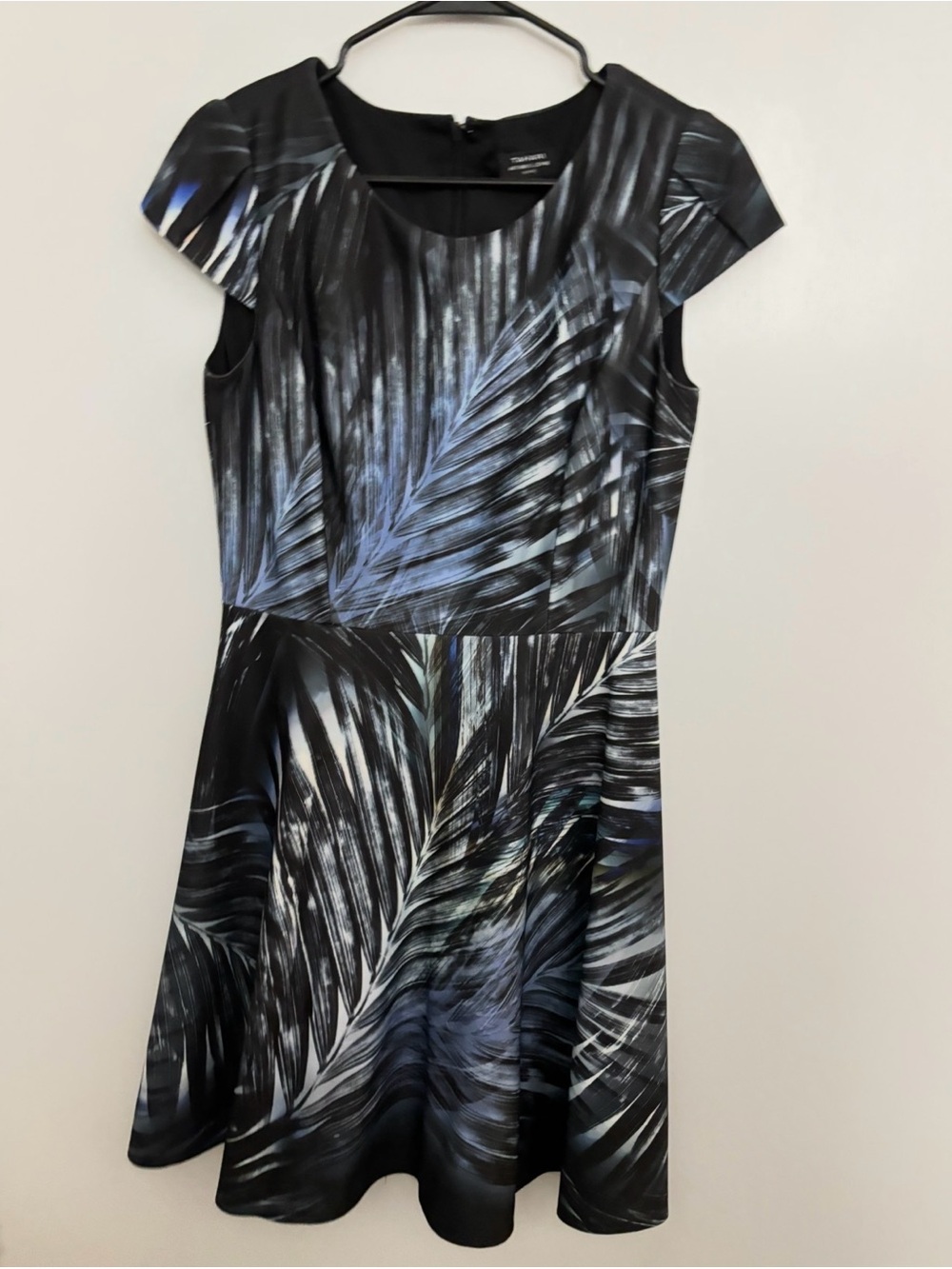 Tahari Cap Sleeve Palm Leaf Tree Print Fit & Flare Dress - Black/Blue
